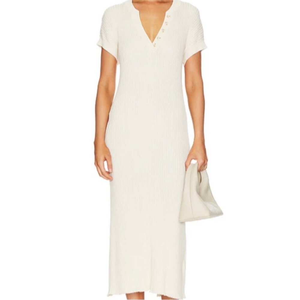 Varley Cream Ribbed Aria Knit Midi Dress with Back Slit